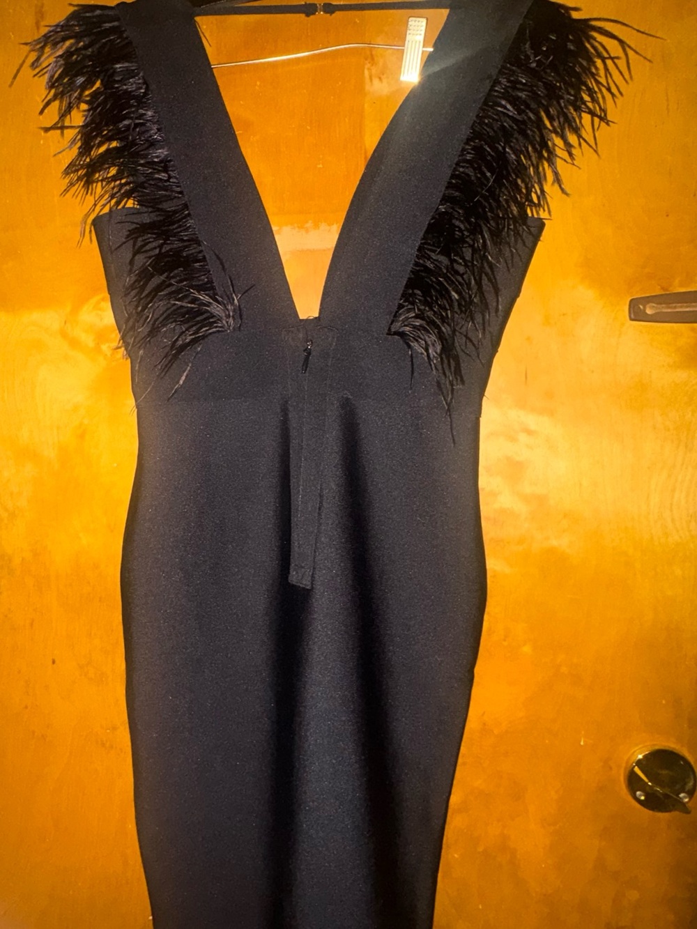 Fashion Nova Black Feather-Trim Plunge Bandage Midi Dress - Medium NWT